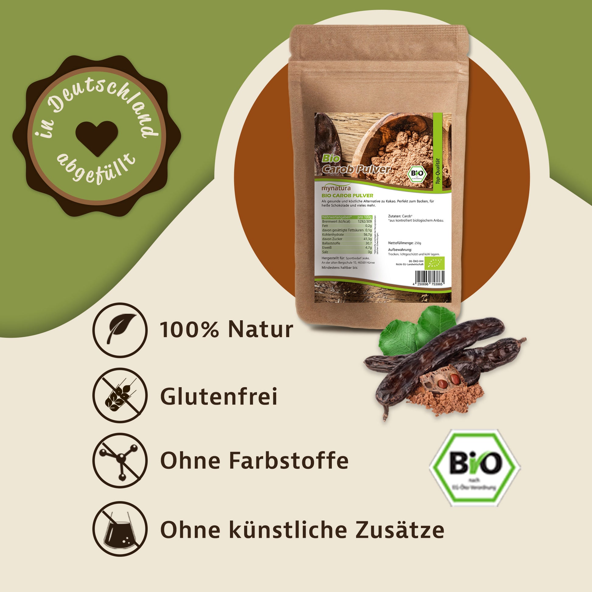 Bio Carob Pulver von Mynatura in 250g Dose, hochwertiges Superfood mit natürlichen Kakaogeschmack, ideal für gesunde Rezepte