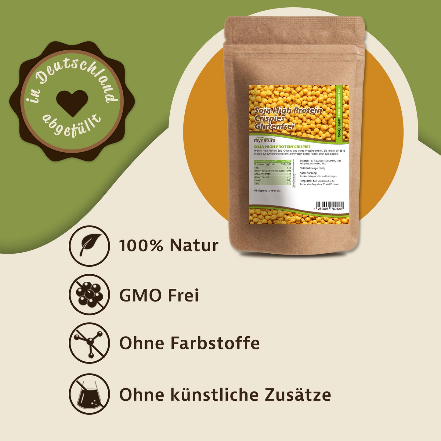 Mynatura Soja Protein Crispies – 88 % pflanzliches Eiweiß - 1000g