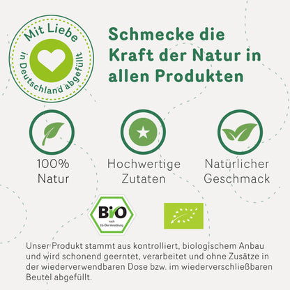 Grafik zu Energy Tee von Tasty Pott mit Bio-Siegel, Symbolen für natürliche, hochwertige Zutaten und nachhaltige Dose.