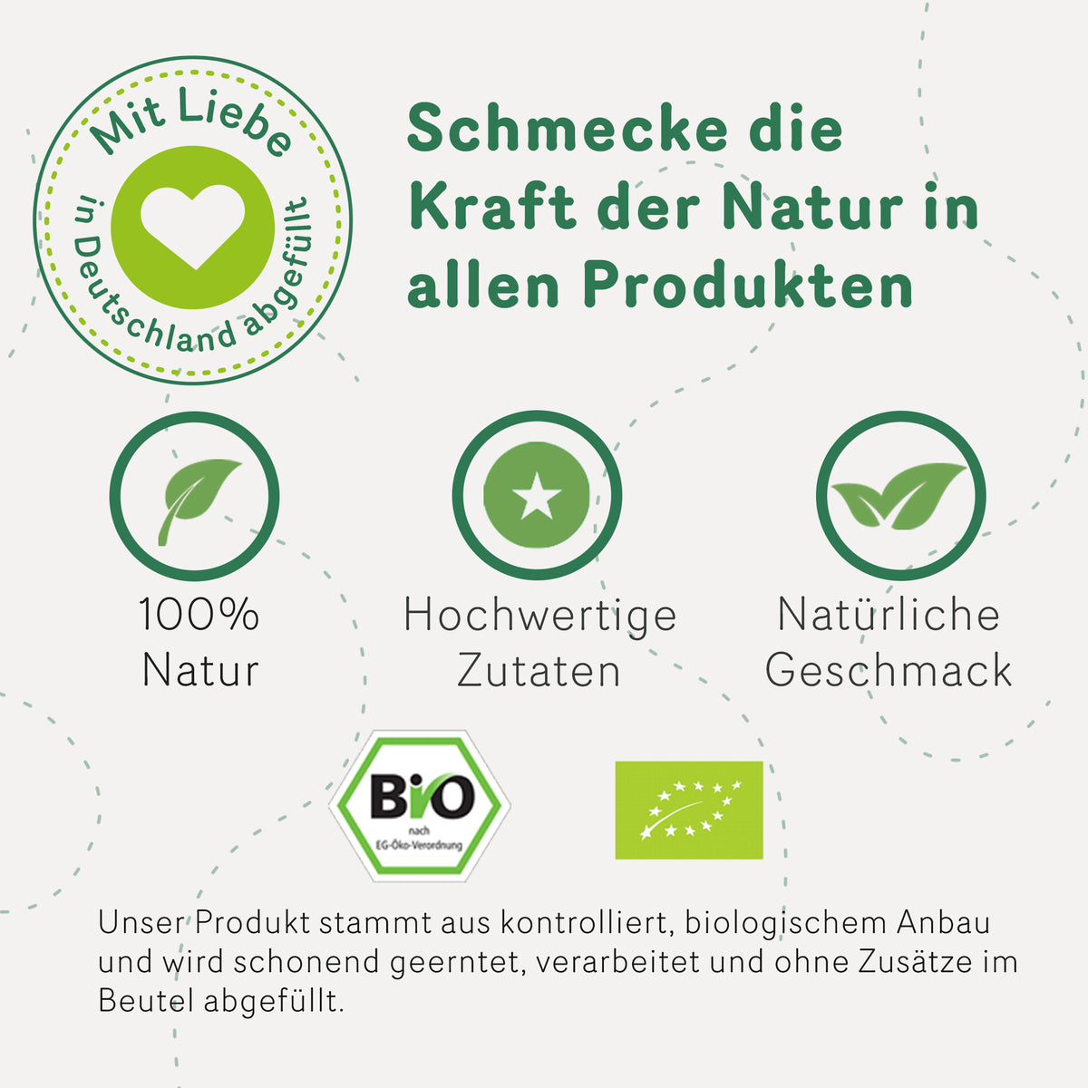 Grafik zu Tasty Pott Darjeeling Schwarztee mit Symbolen für Bio-Qualität, natürliche Zutaten und Abfüllung in Deutschland.