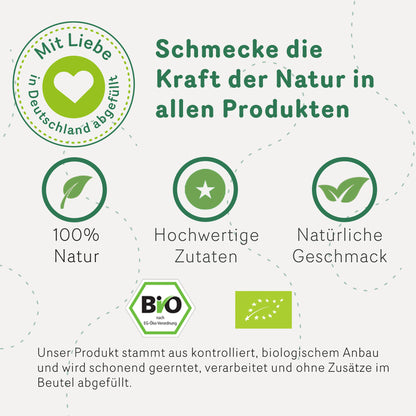 Grafik zu Tasty Pott Darjeeling Schwarztee mit Symbolen für Bio-Qualität, natürliche Zutaten und Abfüllung in Deutschland.