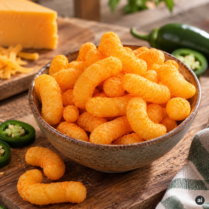 Herr's Jalapeño Käseflips in einer Schale mit Jalapeño und Käse im natürlichen Snack-Setting
