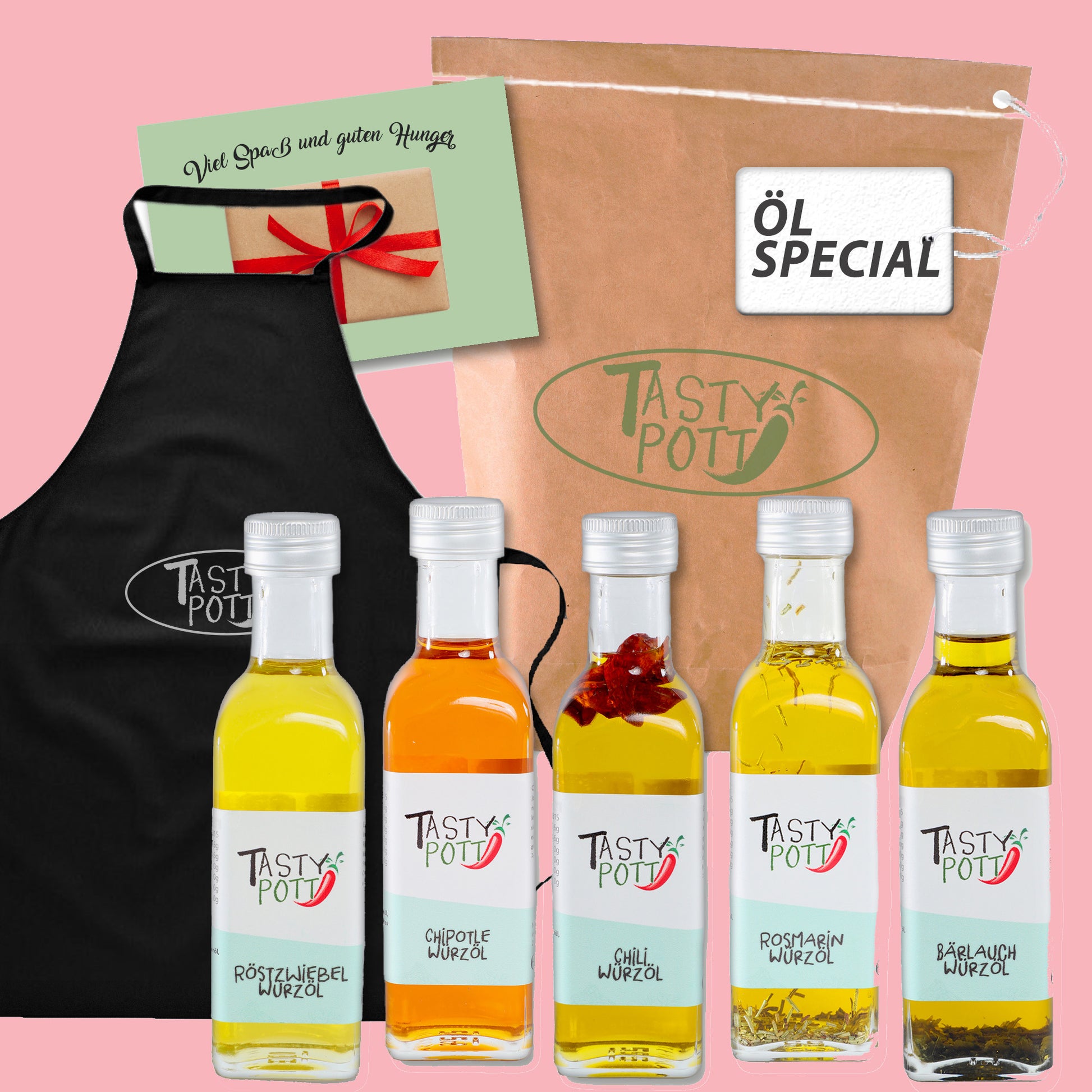Tasty Pott Öl Geschenkset mit speziellen farbigen Flaschen, perfekt als Geschenk für Kochliebhaber, zeigt bunte Ölflaschen.