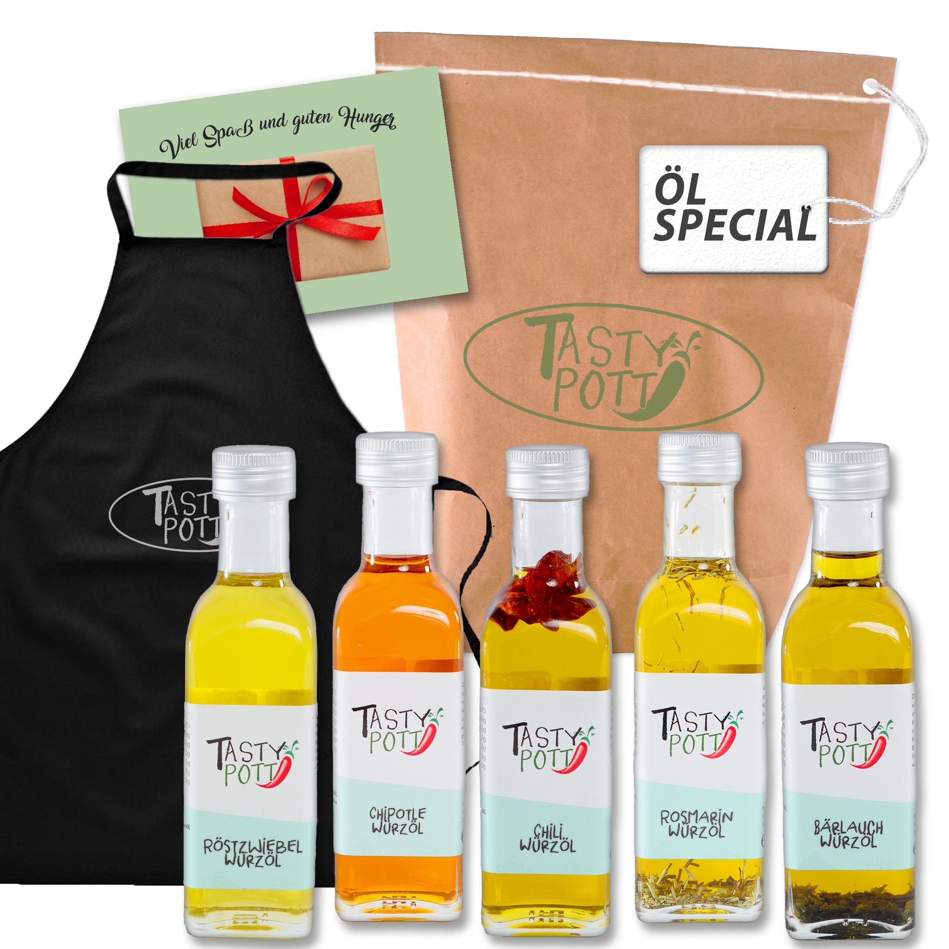 Verschiedene Tasty Pott Öl-Geschenksets in eleganten Flaschen, perfekt als Geschenk für Kochliebhaber, auf weißem Hintergrund.