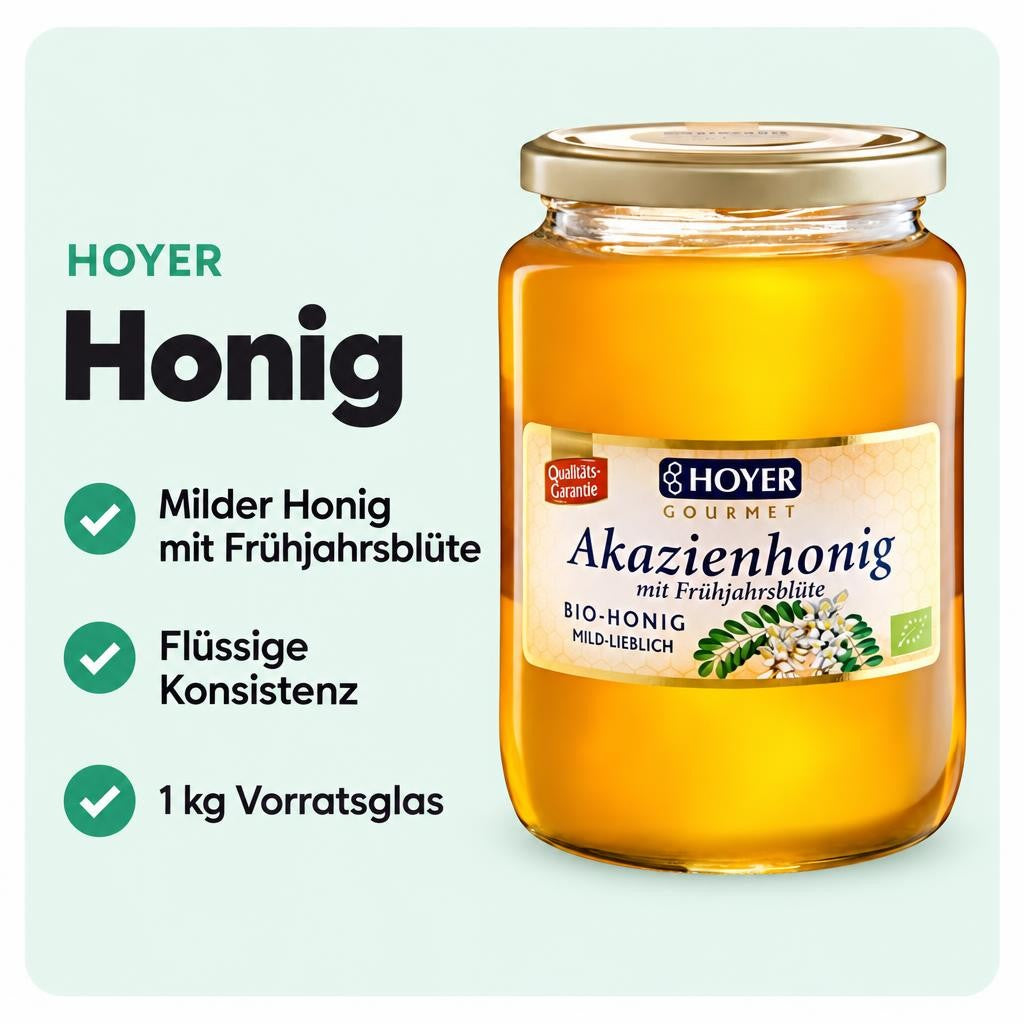 Milder Akazienhonig mit Frühjahrsblüte im 1-kg-Vorratsglas.
