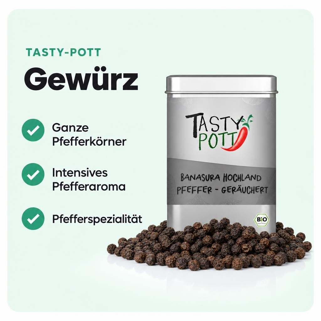 Aromatischer Banasura Pfeffer in ganzen Körnern – 80 g Dose von TASTY-POTT.