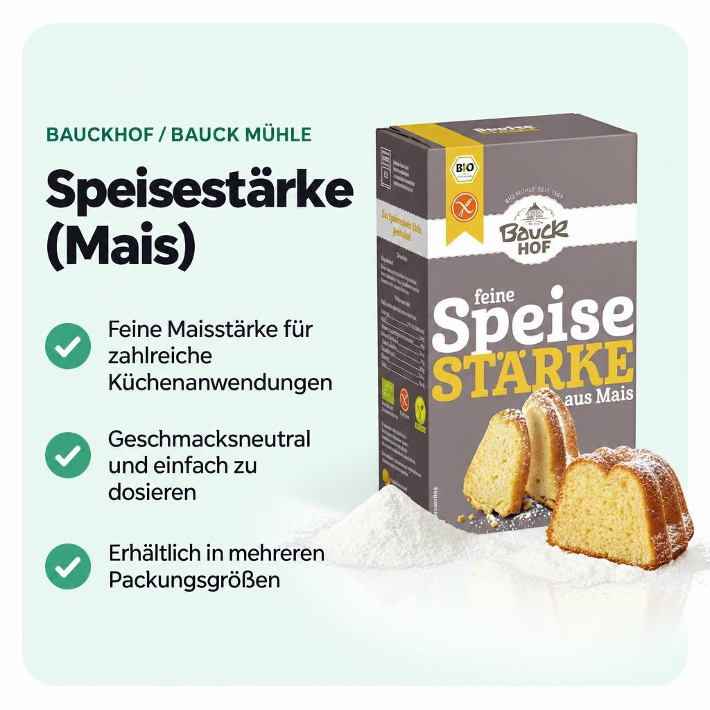 Bio-Maisstärke von Bauckhof als vielseitige Zutat für Backen und Kochen.