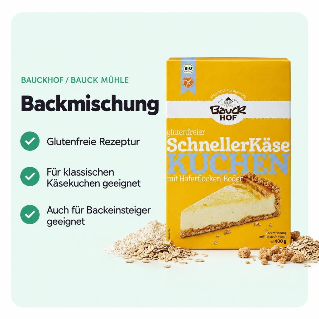 Glutenfreie Backmischung für schnellen Käsekuchen von Bauckhof.