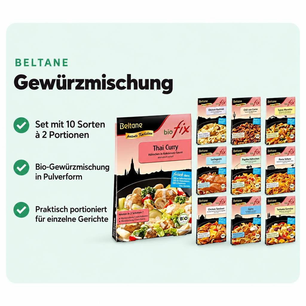 10 verschiedene Bio-Gewürzmischungen für internationale Gerichte.
