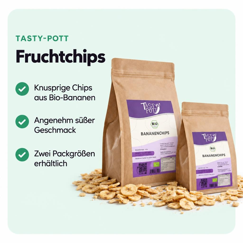 Knusprige Bio Bananenchips von Tasty Pott im Beutel – ideal als Snack oder Zutat.