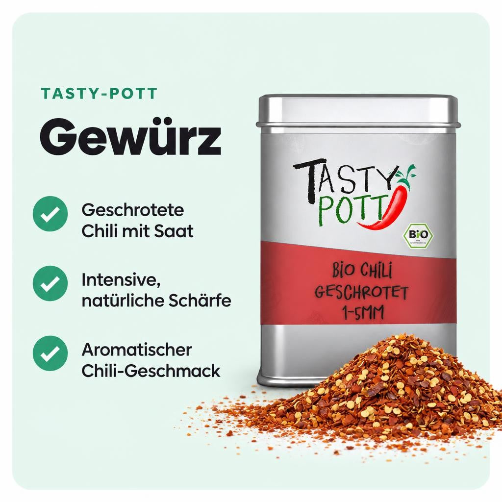 Geschrotete Chili mit Saat für intensive Schärfe in deinen Gerichten.
