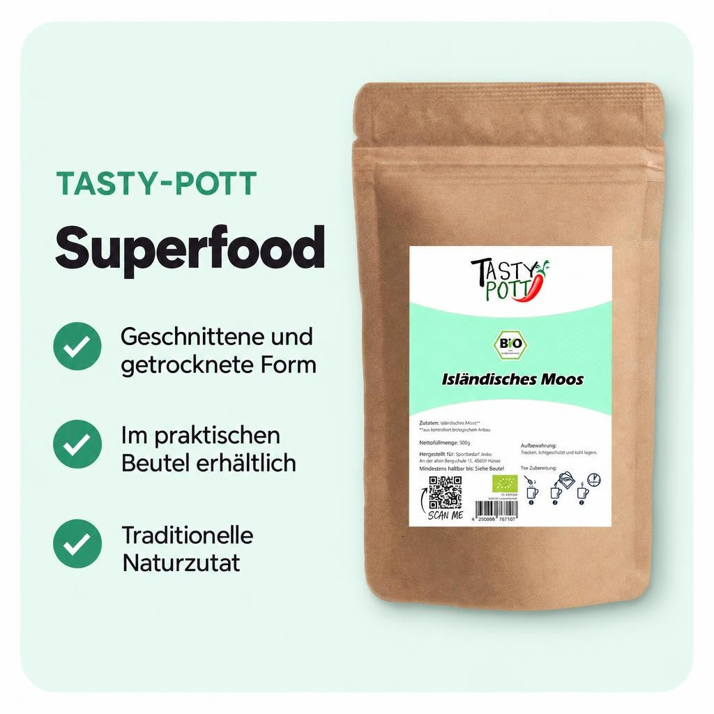 Geschnittenes und getrocknetes isländisches Moos im Beutel für vielseitige Anwendungen.