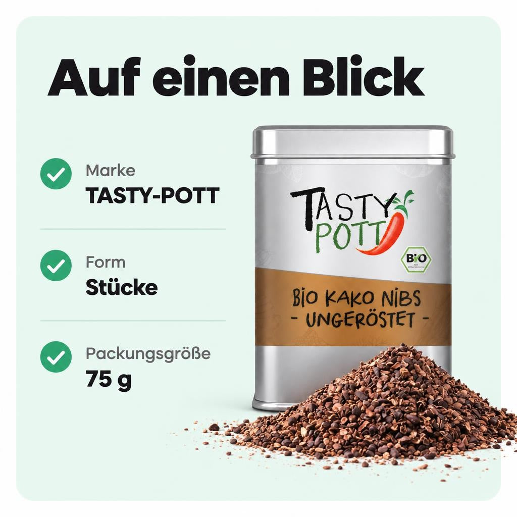 Bio Kakao Nibs ungeröstet in der 75 g Dose – für kreative Rezepte und puren Kakaogenuss.