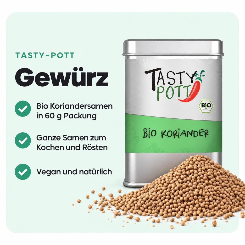 Bio Koriandersamen von Tasty Pott – ganze Samen für Kochen und Rösten.