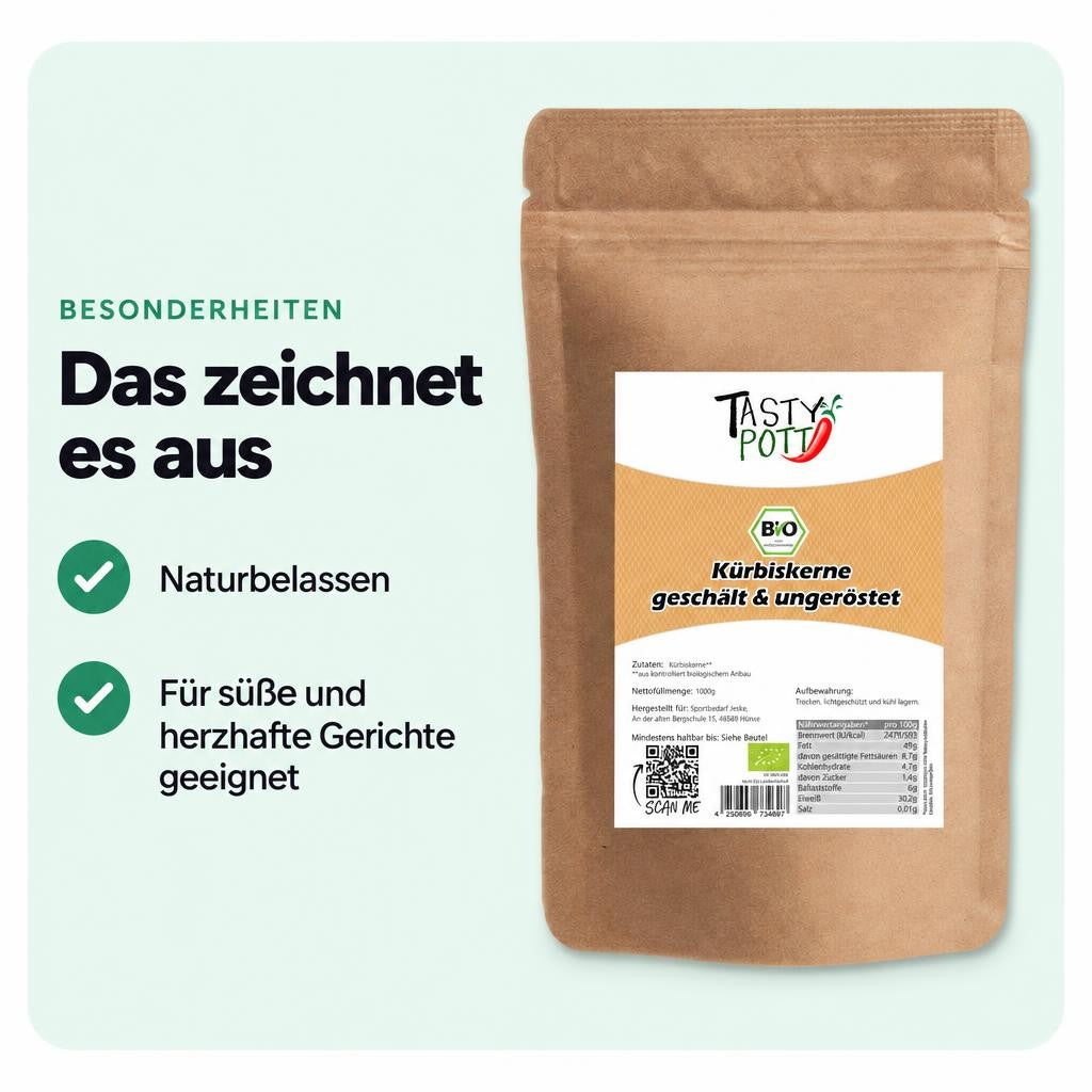 Tasty Pott Bio Kürbiskerne geschält & ungeröstet - im Beutel – Bild 5