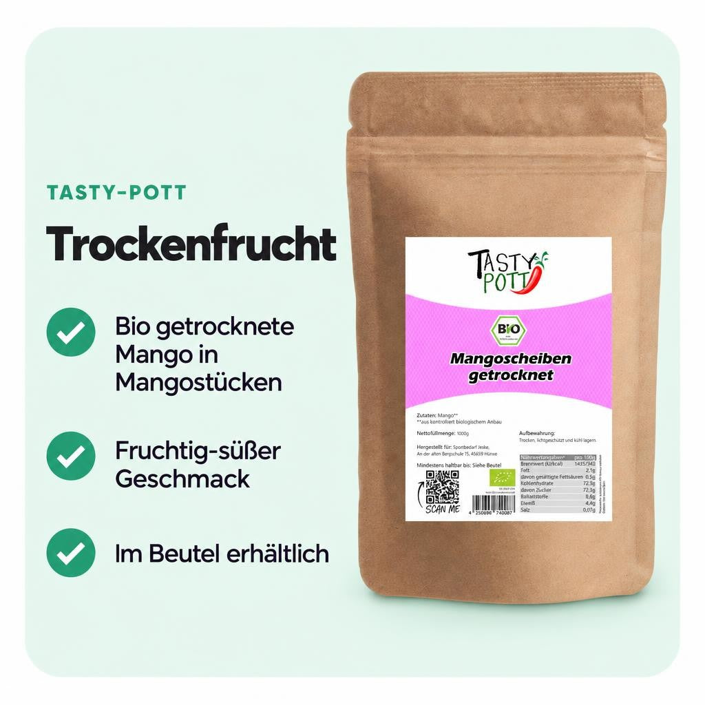 Bio Mango getrocknet von TASTY-POTT – fruchtig-süßer Snack im Beutel.