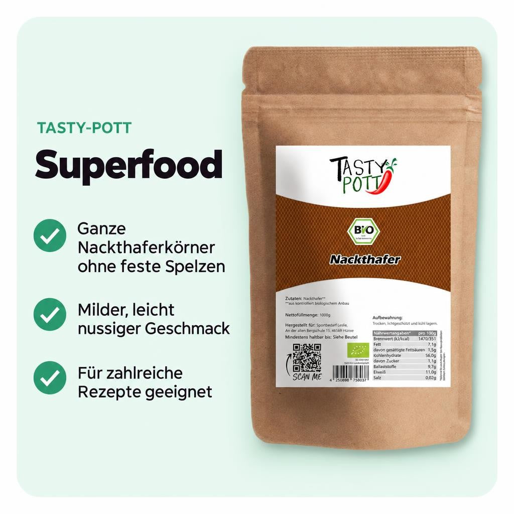 Ganze Bio-Nackthaferkörner von TASTY-POTT für vielseitige Rezepte.