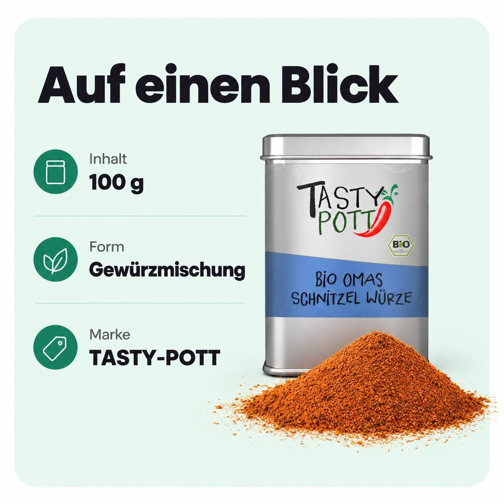 Herzhaft-würzige Schnitzel-Würze in der 100-g-Dose von TASTY-POTT.