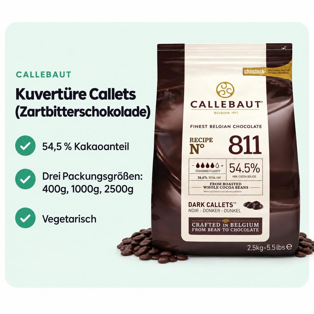 Zartbitterschokolade-Callets mit 54,5 % Kakaoanteil für vielfältige Backideen.