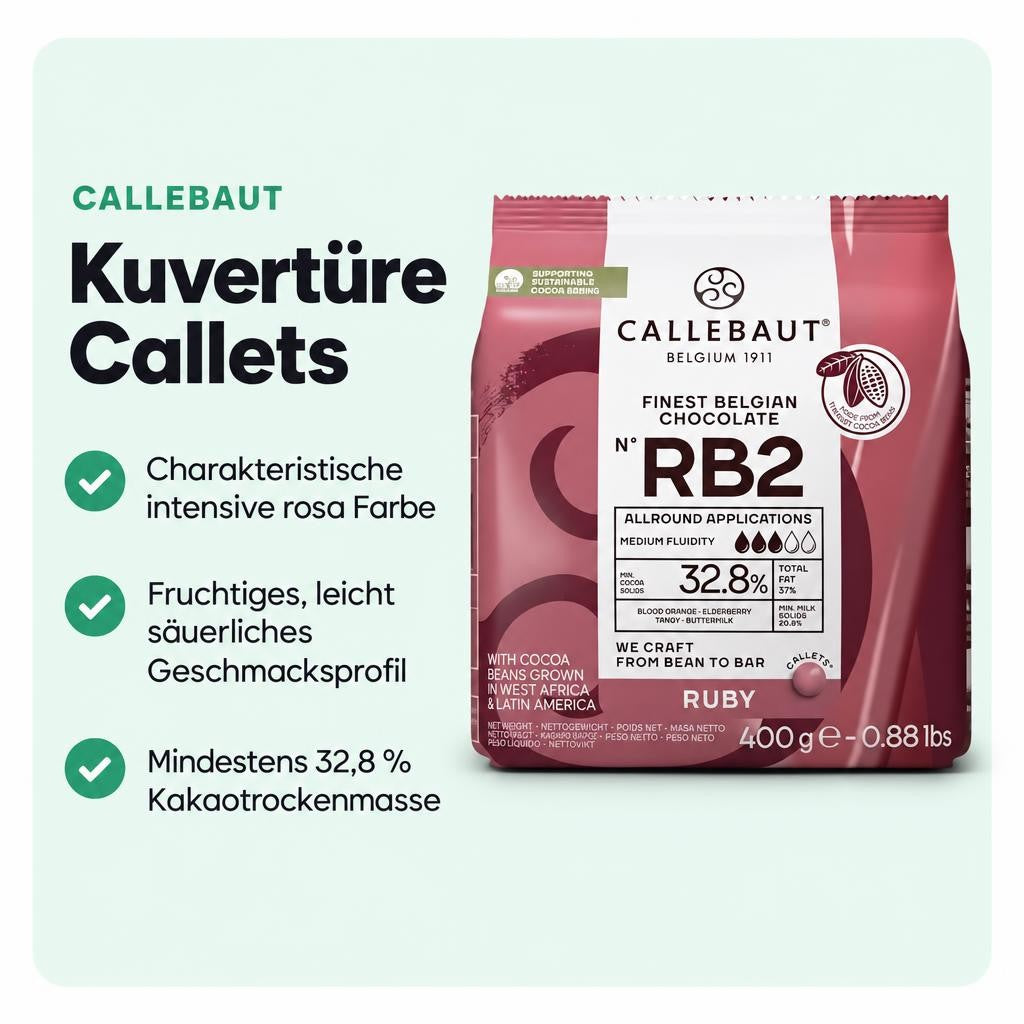 Ruby-Schokolade mit fruchtig-säuerlichen Noten und intensiver rosa Farbe.