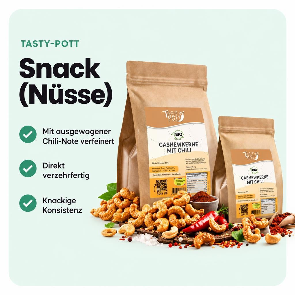 Cashewkerne mit Chili, geröstet und gesalzen – würzig und knackig im Beutel.