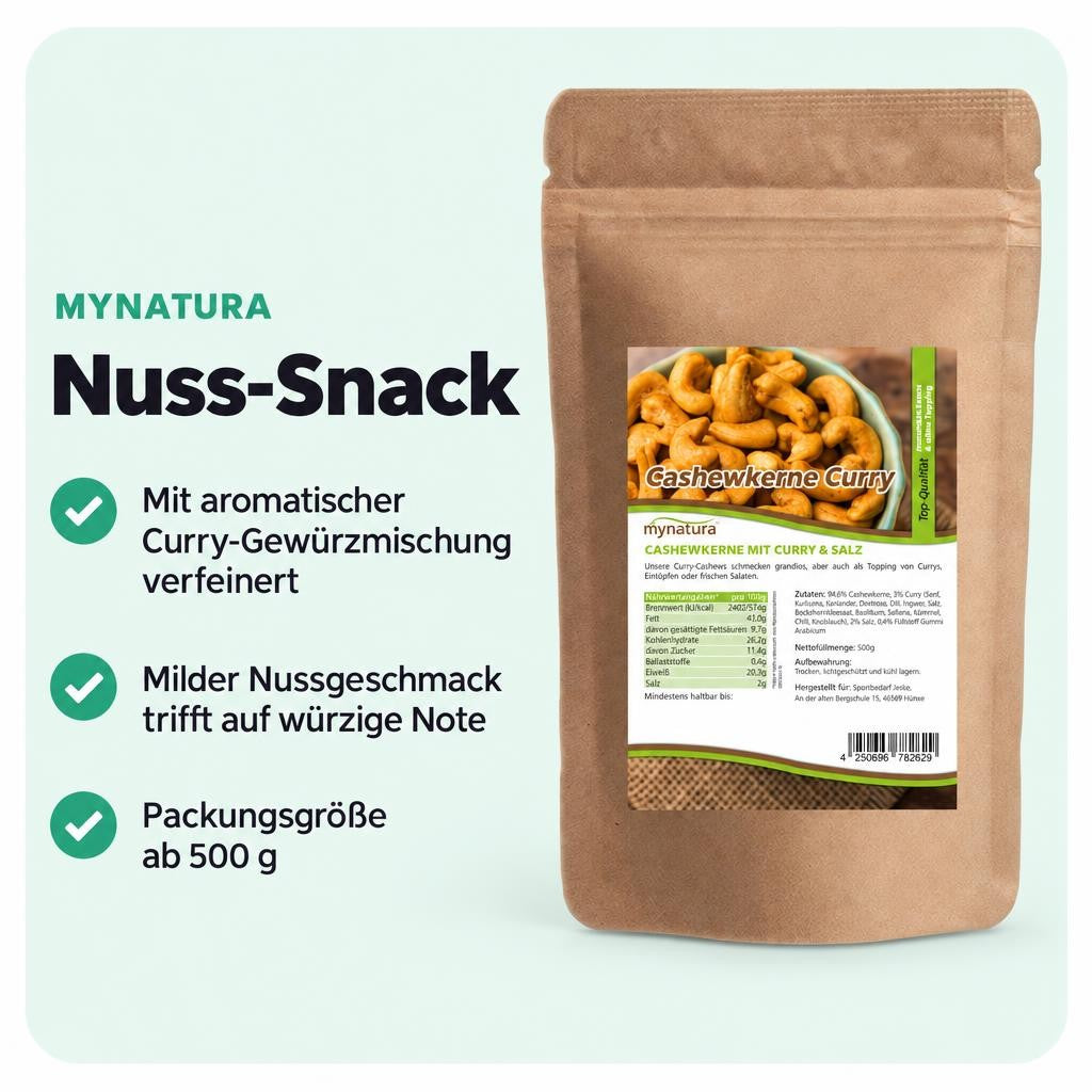 Cashewkerne mit Curry und Salz für würzigen Genuss zwischendurch.