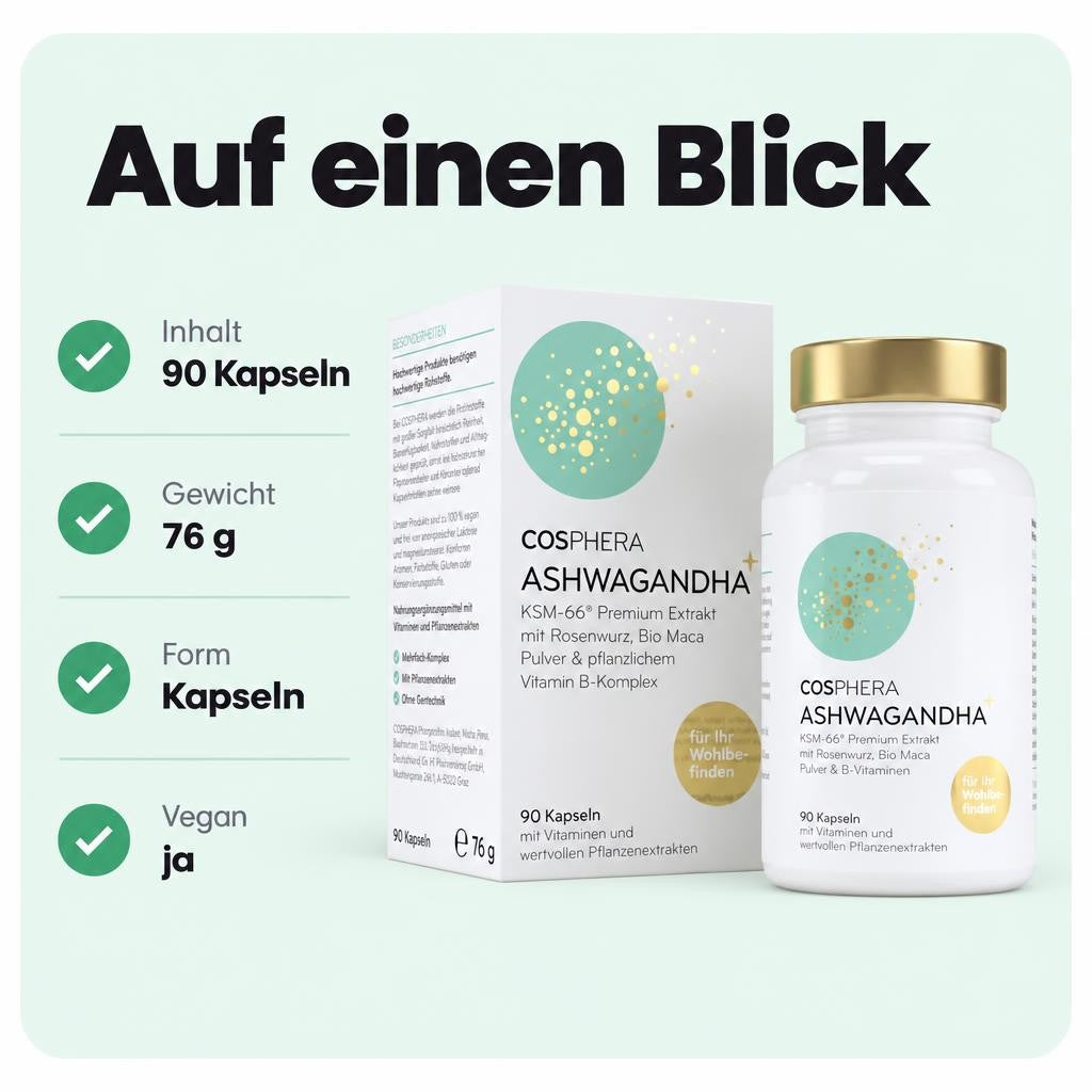 Cosphera Ashwagandha+ KSM-66® vegan – 90 Kapseln, 76 g – Bild 3