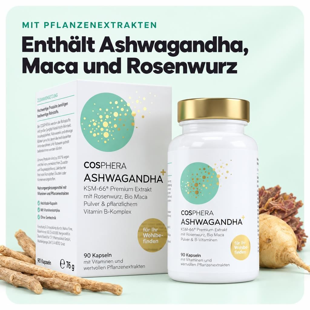 Cosphera Ashwagandha+ KSM-66® vegan – 90 Kapseln, 76 g – Bild 4