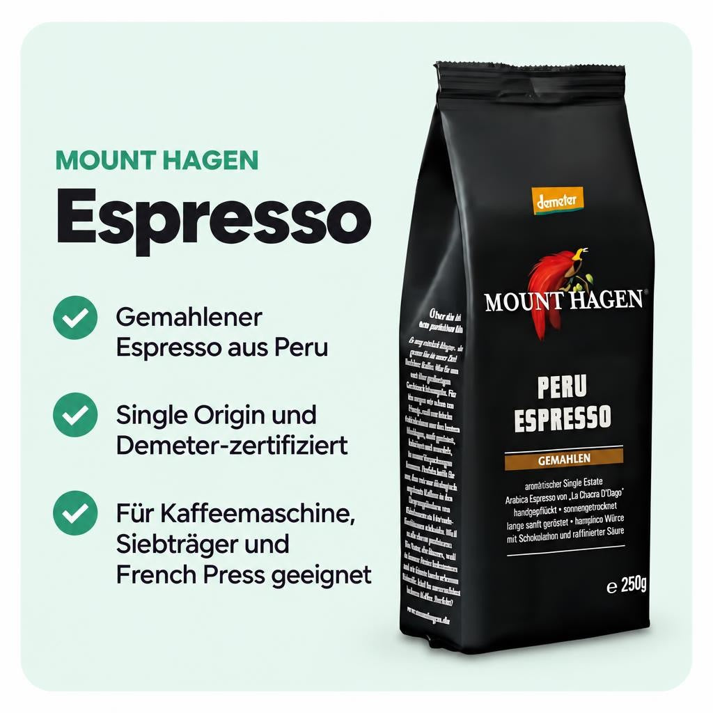 Gemahlener Single-Origin-Espresso aus Peru, Demeter-zertifiziert und vielseitig verwendbar.
