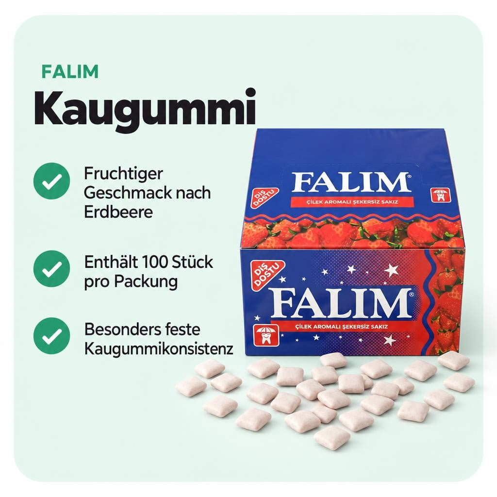 Kaugummi mit fruchtigem Erdbeeraroma – 100 Stück pro Packung.
