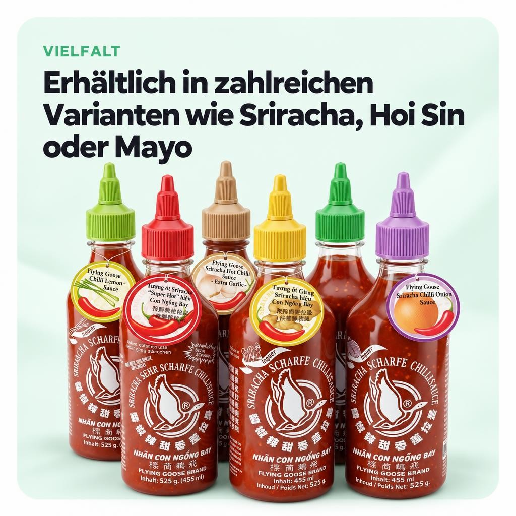 Erhältlich in zahlreichen Varianten wie Sriracha, Hoi Sin oder Mayo