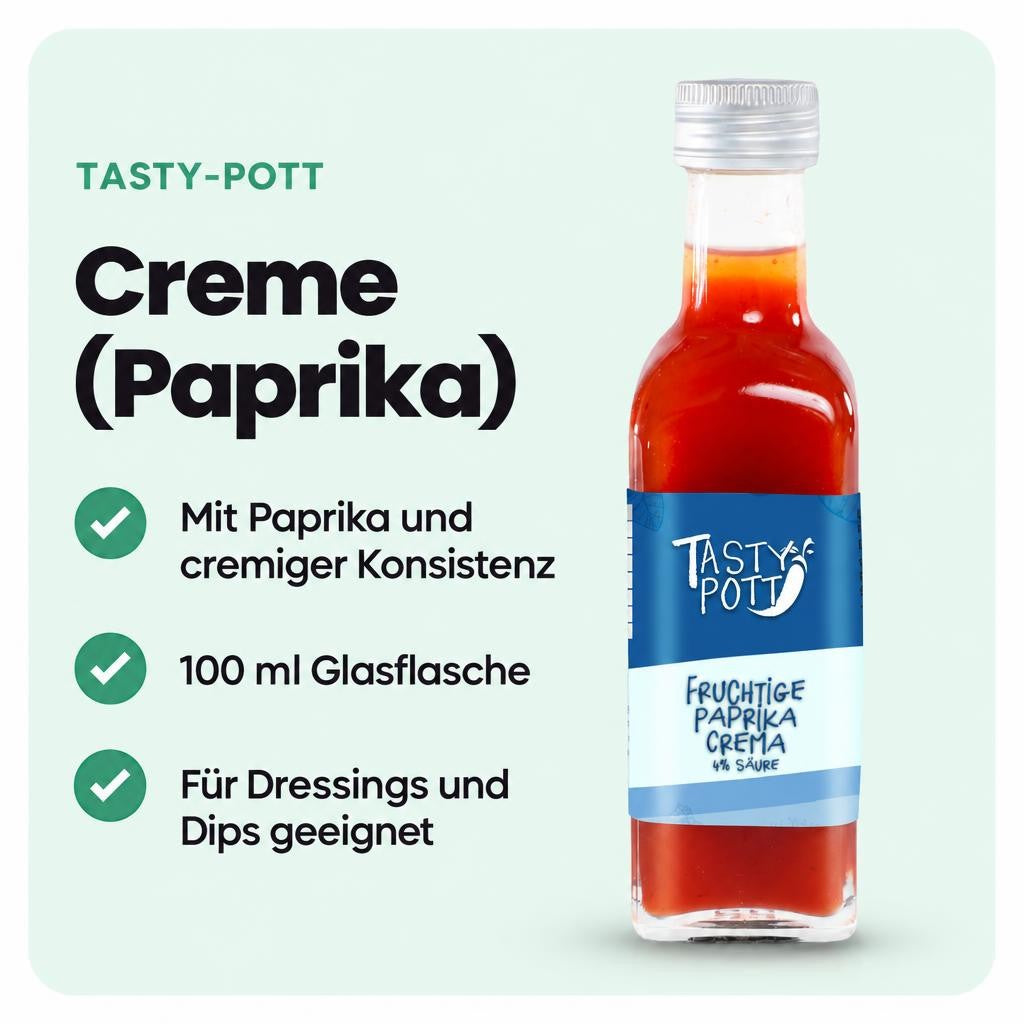 Fruchtige Paprika Creme mit 4 % Säure in der 100 ml Glasflasche von Tasty Pott.