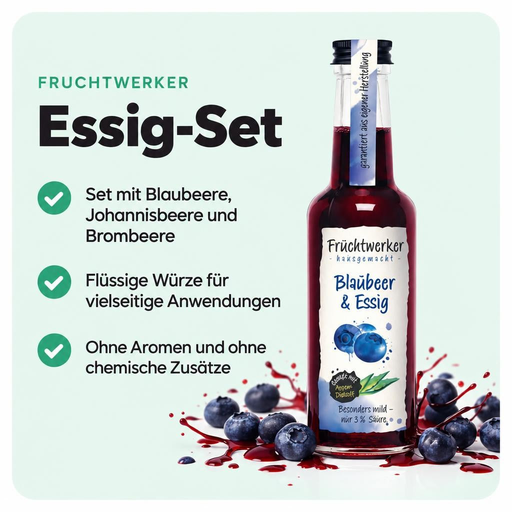 Drei fruchtige Essigsorten mit Blaubeere, Johannisbeere und Brombeere in einem Set.