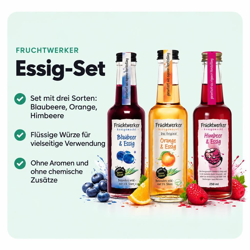 Fruchtwerker Essig und Frucht Set - Blaubeere + Orange + Himbeere - 750ml – Bild 2