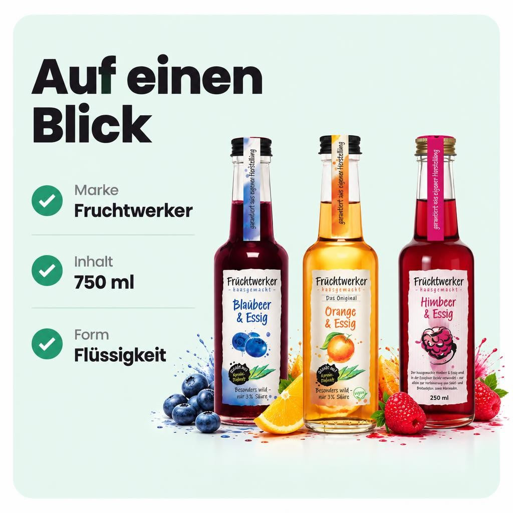 Fruchtwerker Essig und Frucht Set - Blaubeere + Orange + Himbeere - 750ml – Bild 3