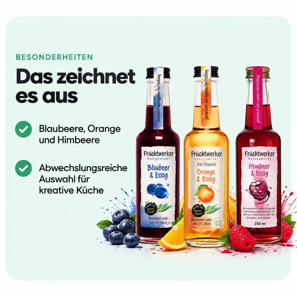 Fruchtwerker Essig und Frucht Set - Blaubeere + Orange + Himbeere - 750ml – Bild 5