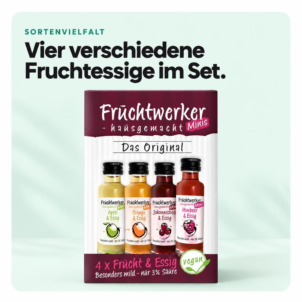 Vier verschiedene Fruchtessige im Set.