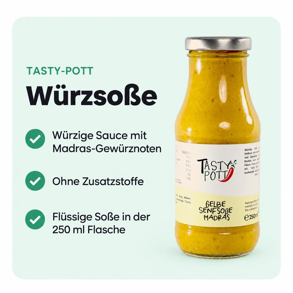 Gelbe Senfsoße Madras mit würziger Note für viele Gerichte.