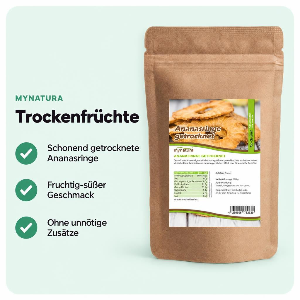 Getrocknete Ananasringe mit fruchtig-süßem Aroma und zäher Konsistenz.