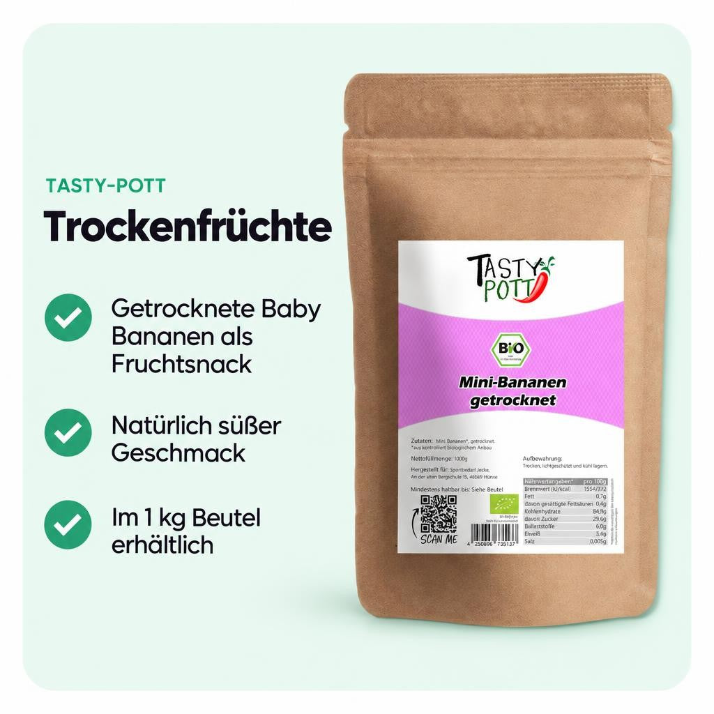 Getrocknete Baby Bananen von Tasty Pott – natürlich süßer Fruchtsnack im Beutel.