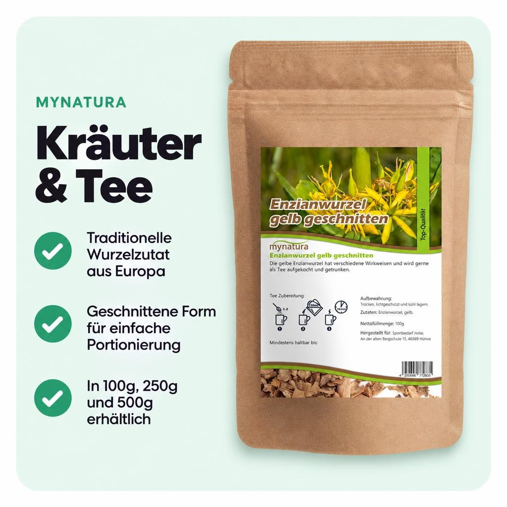 Getrocknete und geschnittene Gelbe Enzianwurzel für vielseitige Anwendungen.