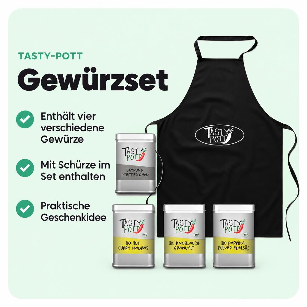 Vier Basic-Gewürze und eine Schürze als Set – für vielseitige Gerichte.