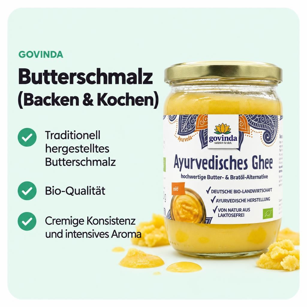 Traditionelles Bio Ghee mit feinem, aromatischem Geschmack – vielseitig einsetzbar beim Kochen und Backen.