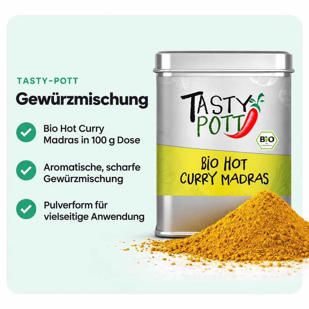 Tasty Pott Bio Hot Curry Madras - scharf - 100g Dose – Bild 2