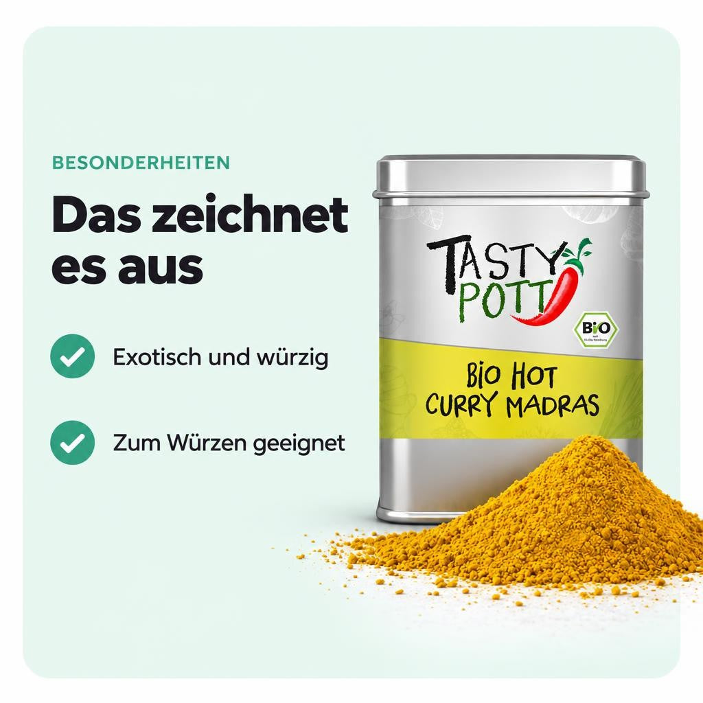 Tasty Pott Bio Hot Curry Madras - scharf - 100g Dose – Bild 5
