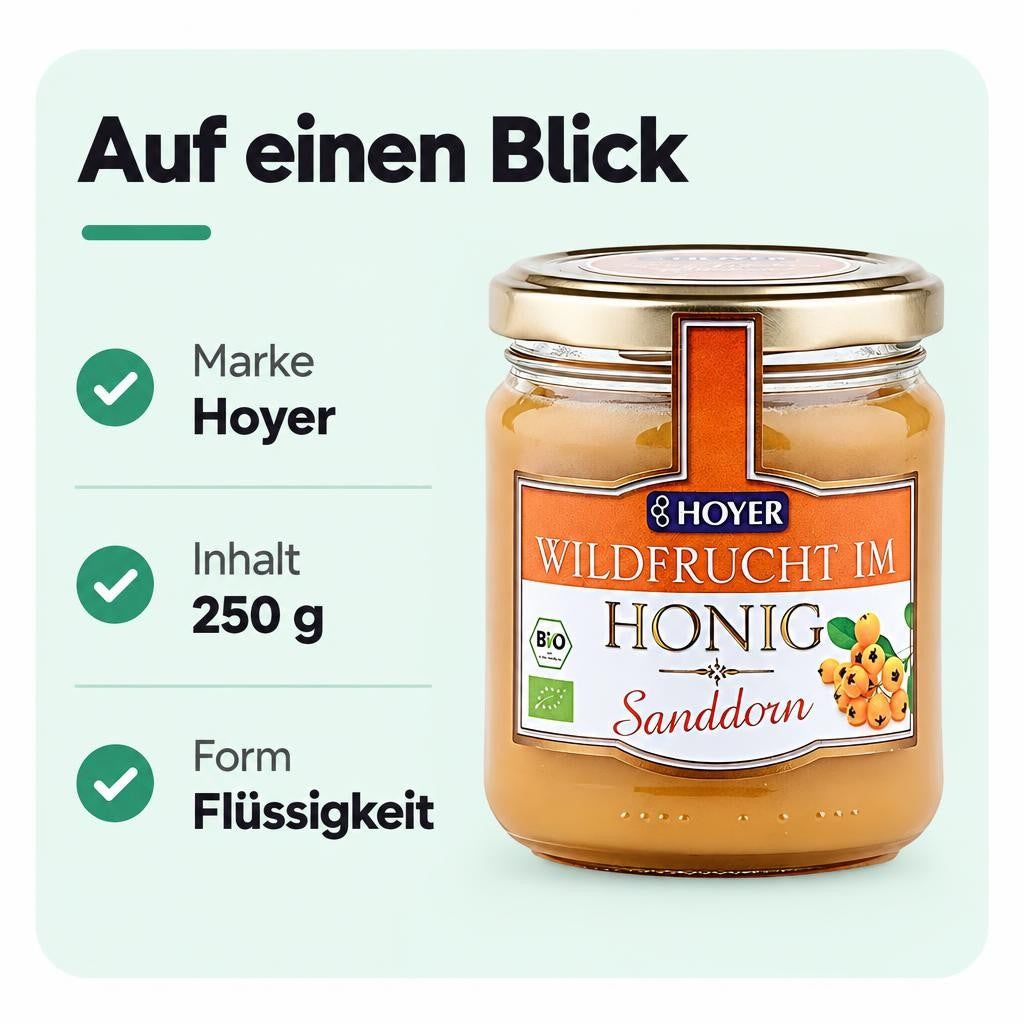 Honig mit Sanddorn als fruchtige Zubereitung im 250-g-Glas.