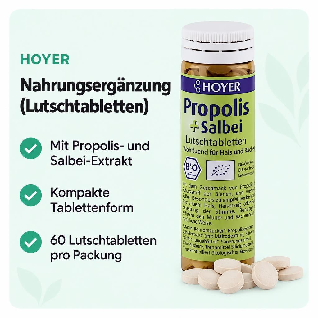 Lutschtabletten mit Propolis- und Salbei-Extrakt in kompakter Form.
