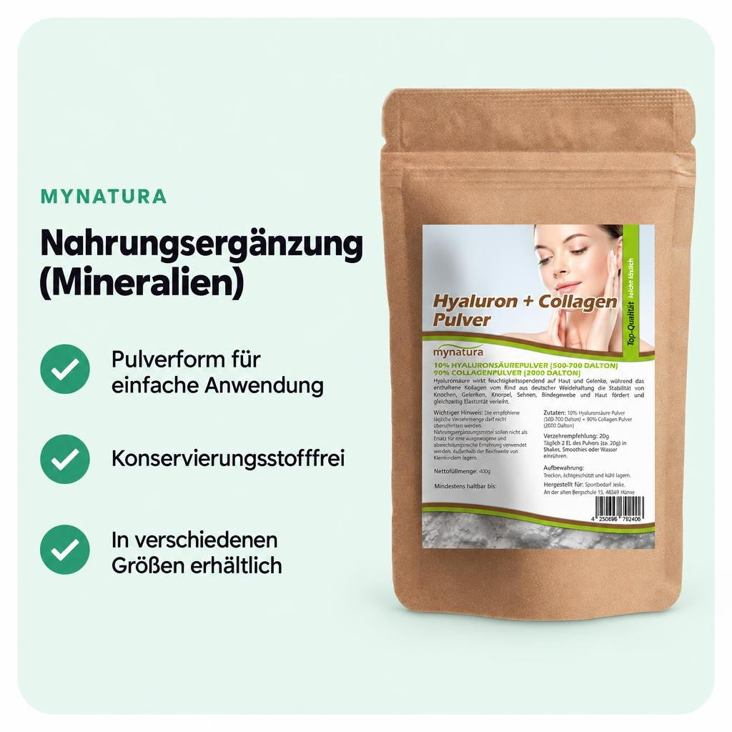Pulvermix aus Hyaluron und Collagen in praktischer Verpackung.