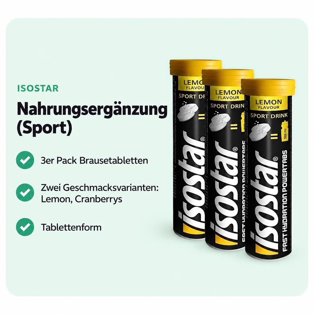 Isostar Powertabs als 3er Pack in zwei Geschmacksrichtungen.