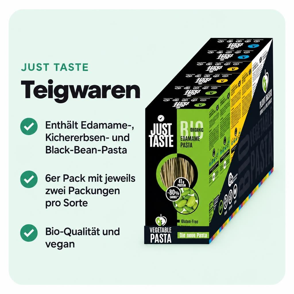 Drei Sorten Bio-Bohnenpasta im 6er Pack: Edamame, Kichererbse und Black Bean.